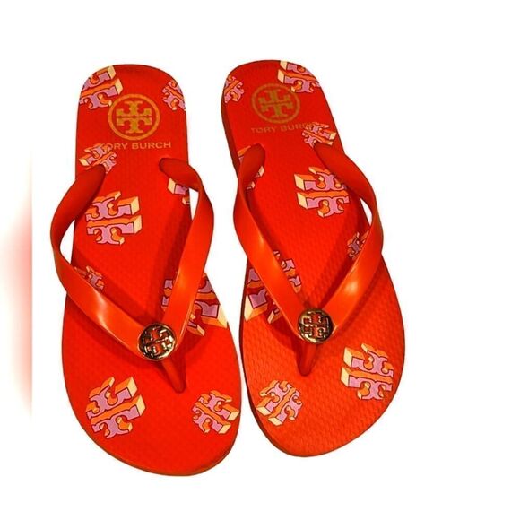 Tory Burch TPU/EVA Flip Flop Sandals Poppy Red Crazy Logo Gold Logo | 8 - Picture 1 of 9